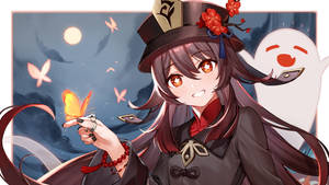 紅眼、戴高帽的動漫女孩手持發光蝴蝶，月亮下旁邊有一個幽靈。