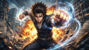 動漫戰士用發光的能量拳頭擊穿爆炸的城市。
