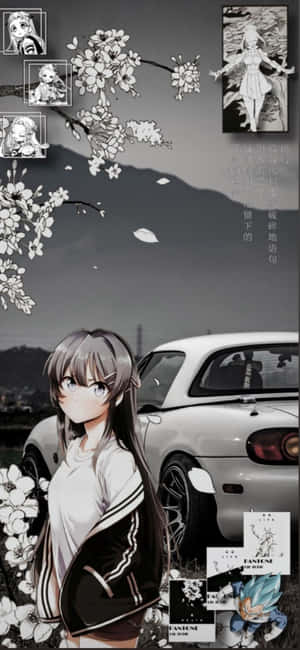 穿著學校外套的動漫女孩站在白色跑車旁，櫻花飄落，周圍有漫畫面板。