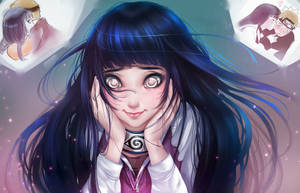 藍髮動漫女孩微笑捧臉，周圍漂浮著浪漫場景。