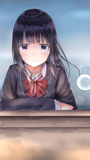穿著校服、戴著紅色蝴蝶結的動漫女孩在星空下向觀眾微笑。