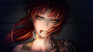 紅髮動漫女孩抽煙，發光眼睛靠著破裂牆壁。