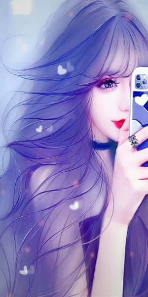 紫髮動漫女孩自拍，漂浮的心形。 — 紫色美學 壁紙