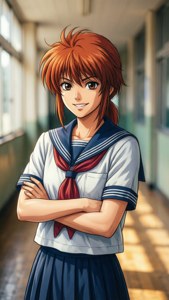 紅髮動漫女學生穿著水手服，雙手交叉站在走廊裡。