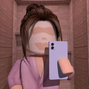 Roblox角色在木質桑拿房中拿著薰衣草色手機自拍