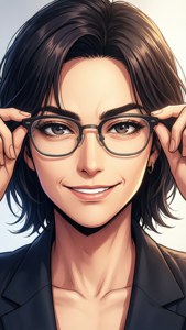一位黑髮戴眼鏡的女性微笑著調整眼鏡。