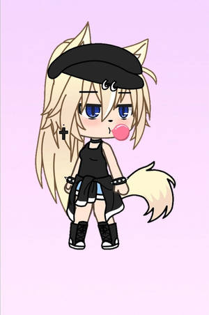 狐狸耳嘅chibi動漫女仔吹緊泡泡糖，戴住黑色貝雷帽同衫。