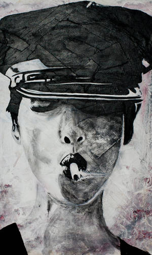 一個戴軍帽抽煙的人物質感畫作。