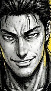 一個汗流浹背的男人，眼神銳利，露出猙獰的笑容，漫畫風格，黃色背景