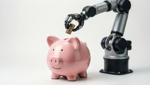 機械臂將硬幣放入粉紅色豬仔錢罌。