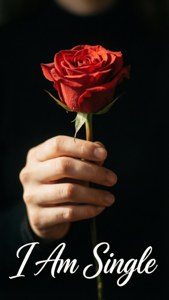 手拿紅玫瑰，文字 I Am Single