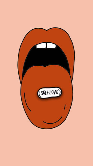 卡通嘴巴，微笑的舌頭拿著 self love 貼紙，蜜桃色背景。