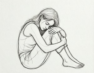 一個女人蜷縮著睡覺，頭枕在膝蓋上，黑白素描
