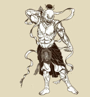 一個兇猛的惡魔戰士，手持武器和飄逸的絲帶，擺出動態姿勢。 — Huawei Mate X7 壁紙