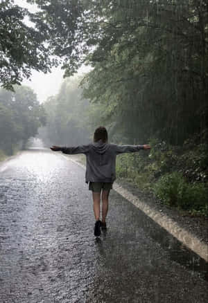 一個人在下雨的森林小路上張開雙臂行走。