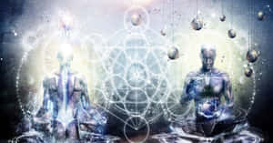 在神秘的宇宙場景中，兩個冥想的人物被漂浮的行星和神聖幾何圖形所環繞。 — 禪 壁紙