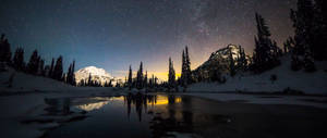 白雪覆蓋的山間湖泊，在繁星點點的夜空下，松樹和發光的地平線倒影。