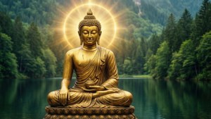 金色佛像在平靜的湖邊冥想，周圍是綠色森林