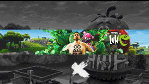 Fortnite宣傳橫幅，包含運動員、泰迪熊和巨大蘋果標誌。