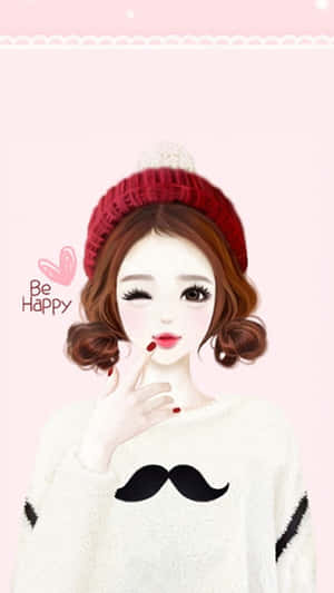 戴紅色冷帽和鬍子毛衣的動漫女孩，帶著「Be Happy」文字眨眼。
