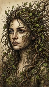 一幅詳細插圖中，一位女性流動的頭髮編織著藤蔓和樹葉。