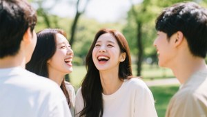 四位年輕朋友在陽光普照的公園裡一起大笑，周圍有綠樹。