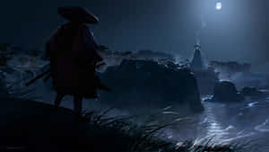 武士戰士夜晚站在懸崖上，眺望月光下的海洋和遠處的寺廟。 — 1920x1080 壁紙