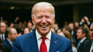 一位在公共活動中身穿藍色西裝和紅色領帶的微笑男士。
