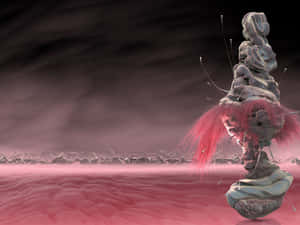 一座高聳的外星巨石，帶有粉紅色羽毛狀卷鬚，矗立在黑暗天空下的超現實粉紅色景觀中。 — 湖 壁紙