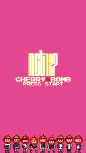 像素化NCT 127成員戴著櫻桃頭盔，在「Cherry Bomb Press Start」文字下方。