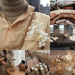 在溫暖的室內環境中，搭配花朵、針織毛衣和水晶的舒適米色服裝。