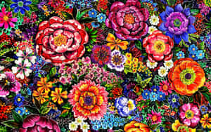 一幅色彩繽紛、密集的花卉插圖，包含各種花朵和綠葉。