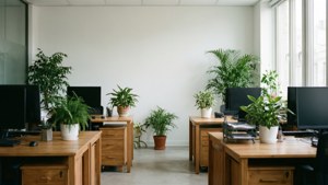 明亮現代辦公室中的木製辦公桌，配有電腦和盆栽植物。