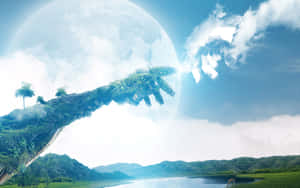 一隻由泥土和樹木組成的巨大手掌，從行星伸向山谷湖泊上方的太陽。 — 藝術 壁紙