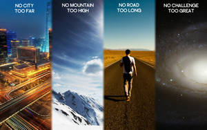 一個男人在星空下的沙漠道路上行走，勵志短語出現在城市山脈和太空之上。