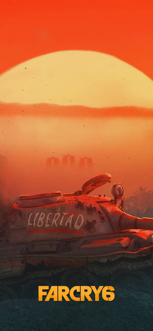 一架鏽跡斑斑的坦克，標有「LIBERTAD」，在日落時的沙漠中，遠處可見船隻。