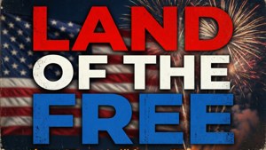 美國國旗搭配煙火和粗體文字「land of the free」。