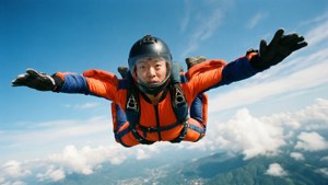 一名穿著橙色和藍色裝備的跳傘運動員在雲層和山脈上方自由落體，雙臂伸展。