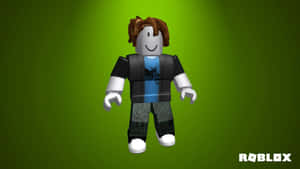 棕色頭髮、藍色襯衫的Roblox虛擬角色，綠色背景