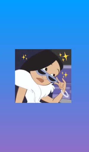 戴太陽眼鏡的動漫女孩，周圍有閃光，比出和平手勢。
