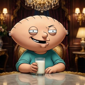 卡通角色 Stewie Griffin 在豪華房間裡拿著一杯牛奶。