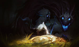 一個黑暗奇幻場景，發光眼睛的怪物在沼澤中俯視倒下的戰士。