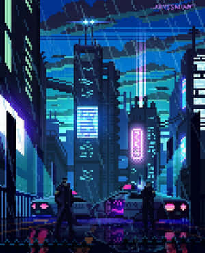 夜晚霓虹燈照亮嘅 cyberpunk 街道，有像素化建築物同發光汽車。