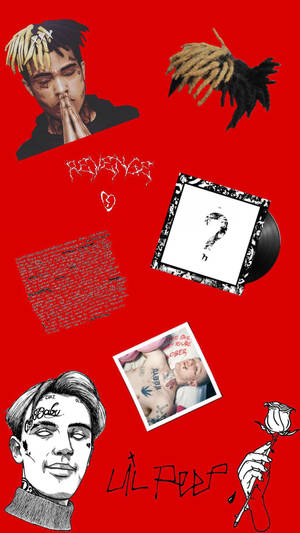 Lil Peep 拼貼畫，帶有紋身、專輯藝術和玫瑰，背景為紅色。