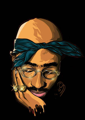 Tupac Shakur的肖像，戴著眼鏡和藍色頭巾，搭配金色珠寶。