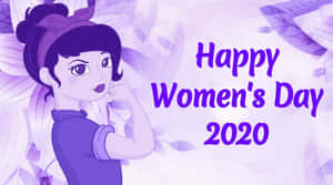 動漫女孩展示二頭肌，帶有紫色的「Happy Women's Day 2020」文字。