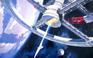 一枚火箭從繞地球運行的太空站發射，背景有星星。 — 16:10 壁紙