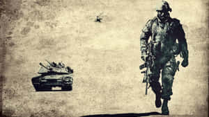 士兵在戰爭場景中與坦克和直升機一同行進。