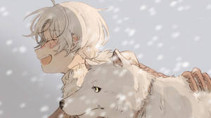 動漫男孩在飄雪中擁抱白狼