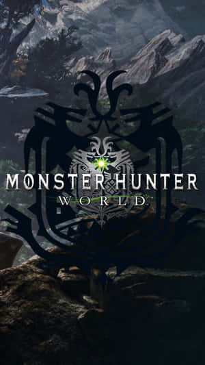 Monster Hunter World 標誌在黑暗的山地景觀中帶有發光的綠色眼睛。